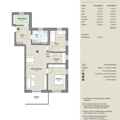 2 bis 5 Zimmer-Wohnungen zwischen 50 m² und 110 m² mit Fußbodenheizung und Balkon oder Terrasse für Singles, Paare, Rentner sowie Familien