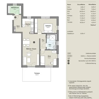 2 bis 5 Zimmer-Wohnungen zwischen 50 m² und 110 m² mit Fußbodenheizung und Balkon oder Terrasse für Singles, Paare, Rentner sowie Familien
